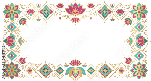 Decorative Diwali Border Template with Lotus Flowers Diyas and Indian Ornamental Design