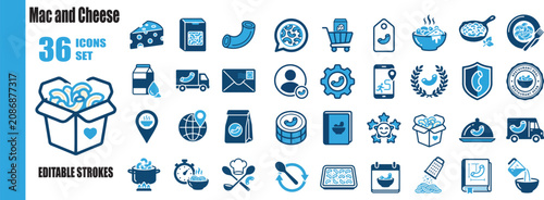 Mac and Cheese Duotone Line Icon Set - Flat Vector Macaroni Pasta Symbols, Cheesy Food Badges, Comfort Food Cooking, and Restaurant UI Interface Signs