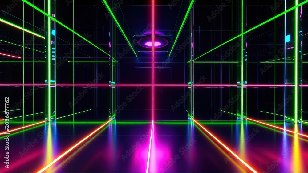 Fototapeta premium Neon grid lines create abstract space. Bright colors illuminate dark room, forming futuristic tunnel. Geometry dominates composition.