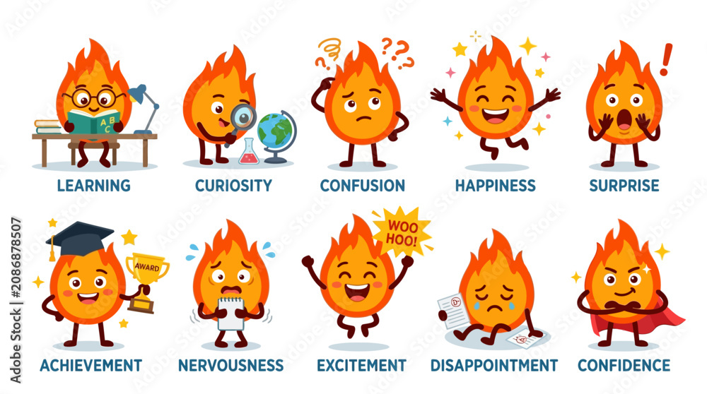 Fototapeta premium Emotive fire emojis express various emotions in a digital illustration.
