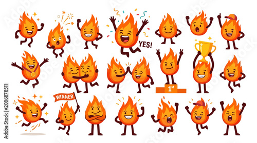 A vibrant illustration of various cartoon fire characters expressing emotions and actions in a lively scene.