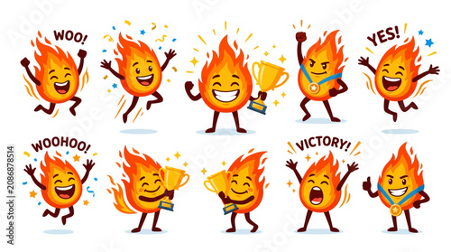 Canvastavla A collection of cartoon fire emojis celebrating with various excited expressions and poses
