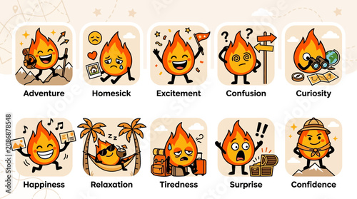 Billede på lærred A vibrant digital illustration of various emotive fire characters expressing different emotions in a lively setting