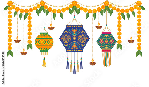Traditional Diwali Hanging Decorations with Marigold Garlands, Diyas and Colorful Lanterns Vector Illustration