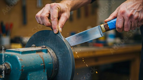 Craftsman sharpening kitchen knife on grinding wheel in professional workshop