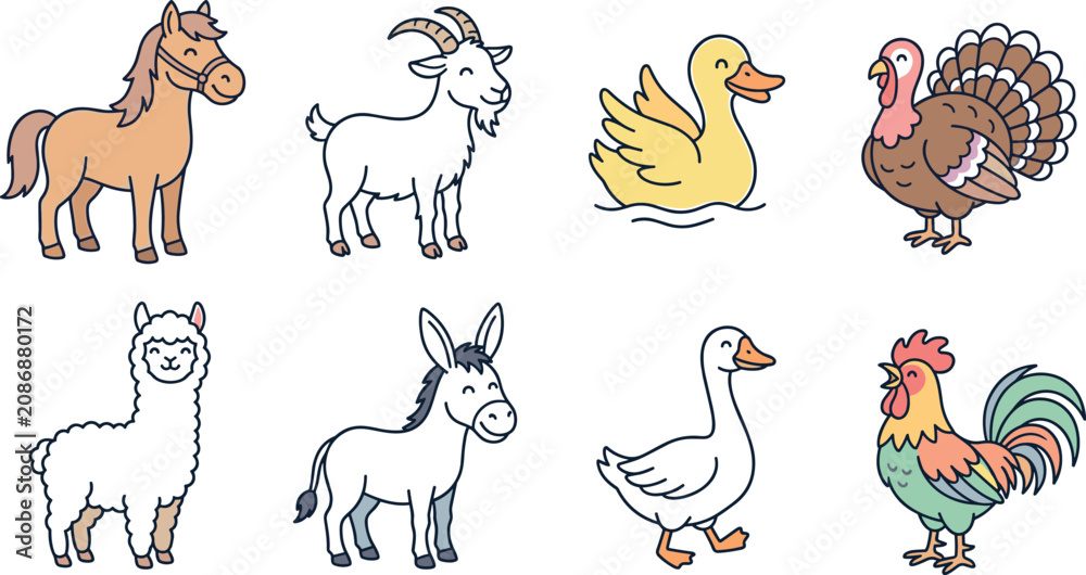 Obraz premium Collection of Cartoon Farm Animal Illustrations Featuring Horse, Goat, Duck, Turkey, and More