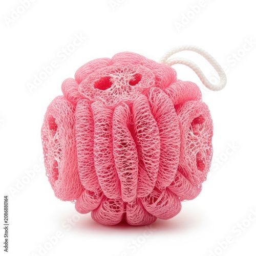Pink Mesh Bath Loofah on White Background