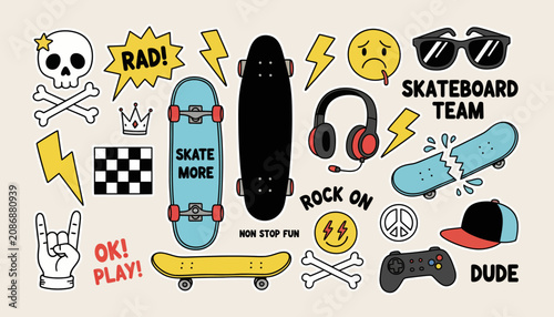 Konstfotografi A vibrant and eclectic collection of urban art, featuring skateboards, music, an