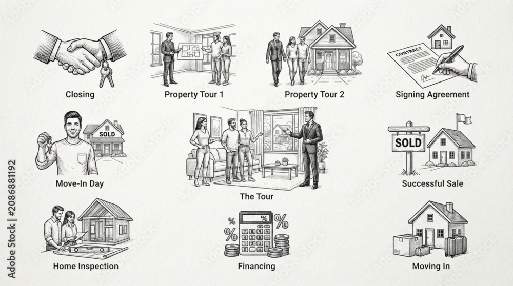 Fototapeta premium Real Estate Transaction Process Icons Hand Drawn Style.