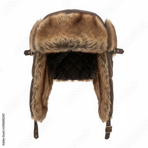 Dark Brown Aviator Hat with Faux Fur on White Background
