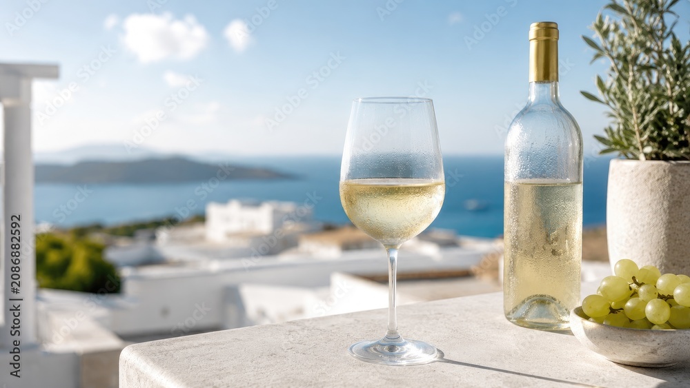 Fototapeta premium Sunlit glass and bottle of chilled white wine with green grapes on a white terrace overlooking a blue Mediterranean seascape