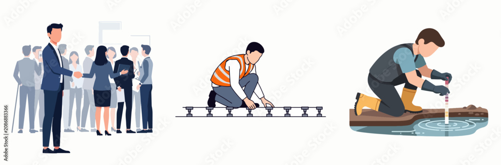 Fototapeta premium Professional Networking, Construction Worker, Plumbing Maintenance Triptych