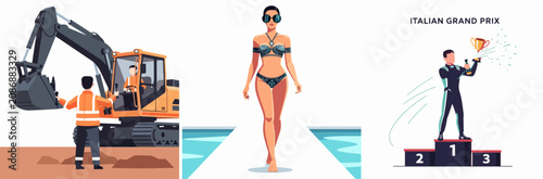 Construction Worker, Beach Bikini Model, and Italian Grand Prix Winner Illustration Set