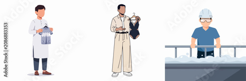 Three professionals in different work roles: retail, fashion, and construction