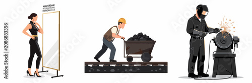 Fashion Week Contrast: Model, Miner, and Industrial Worker in One Scene