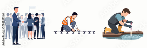 Professional Networking, Construction Worker, Plumbing Maintenance Triptych