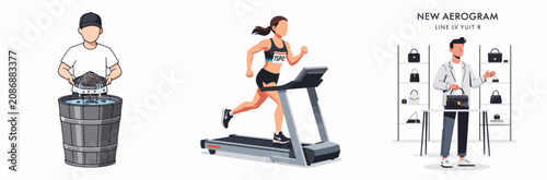 Modern lifestyle illustration: DJ mixing, running on treadmill, luxury luggage shopping