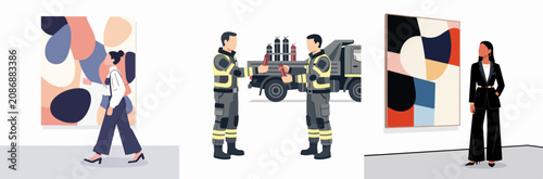 Modern Art Gallery Visitors and Firefighters with Abstract Paintings