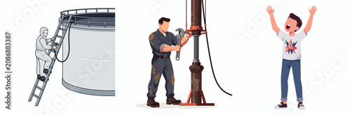 Industrial worker inspecting tank and mechanic fixing machinery with frustrated man