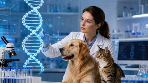 A female scientist in a lab examines a DNA hologram while a golden retriever and a tabby cat sit beside her, illustrating pet genetics and veterinary research