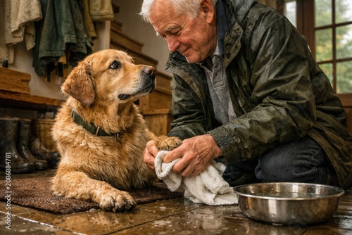 Senior man gently drying the muddy paws of his loyal golden retriever after a rainy walk at home, showing kindness, care, companionship and devotion
