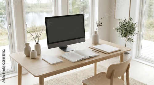 Modern home office desk setup with computer and decorative plant