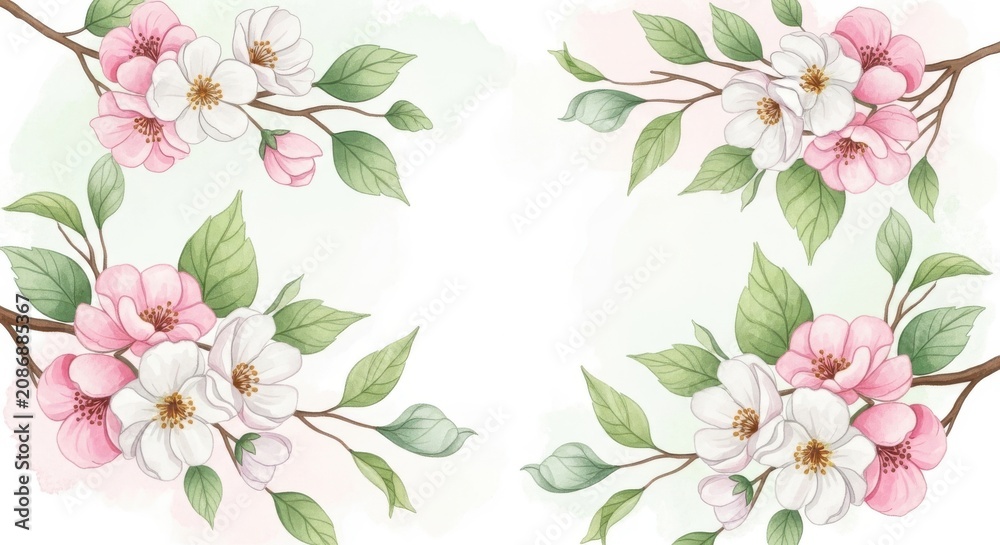 Obraz premium Pink Spring Flowers Frame with Floral Branches, Leaves and Blossom Border Illustration for Nature Decoration, Elegant Botanical Vector Design Pattern for Cards and Beauty Artwork