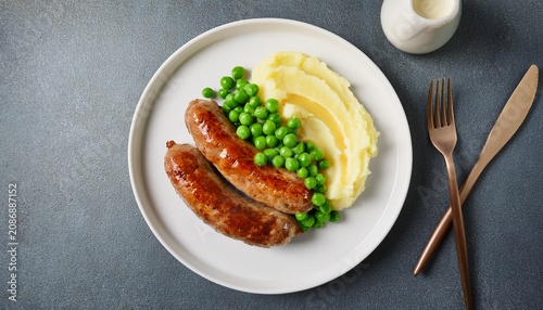 flat lay pork sausages with creamy mashed potatoes gravy sauce and green peas on white plate on grey background