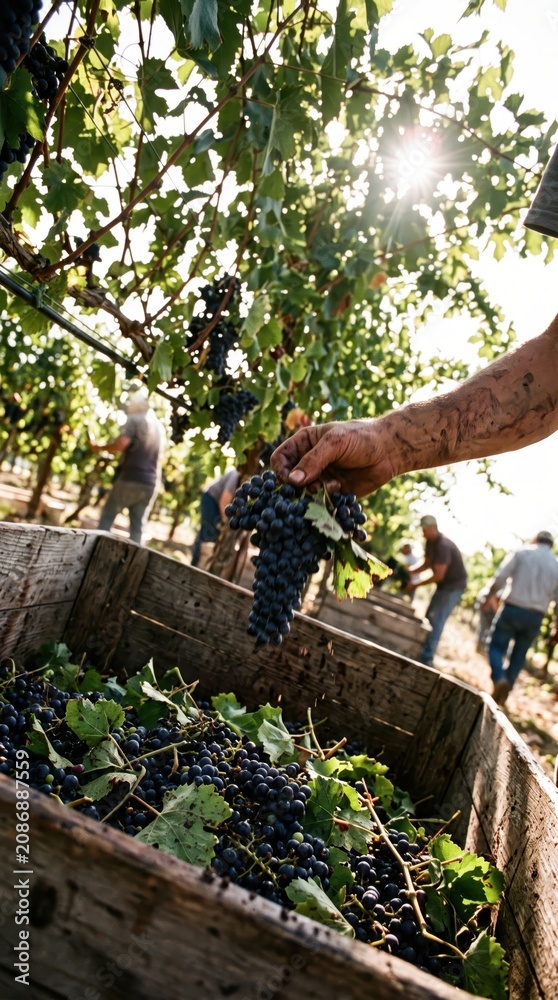 Fototapeta premium Hand placing harvested grapes into wooden crate in sunny vineyard. Concept of wine production, vineyard management, grape harvest, agricultural business, organic farming and premium winery branding.