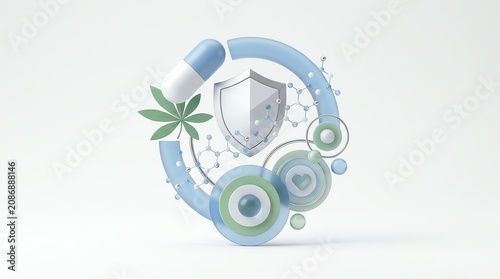 3d Render Of Medical Protection Concept With Cannabis Leaf Pill And Shield Symbol On Minimalist Background Medical Pharmacy