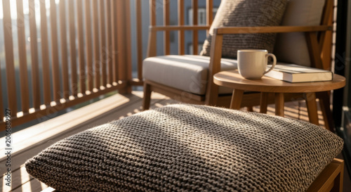 Peaceful Balcony Retreat With Warm Sunlight and Cozy Seating