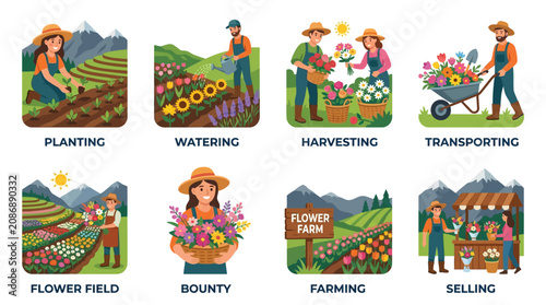 Konstfotografi Stages of Flower Farming: Planting, Harvesting, and Selling