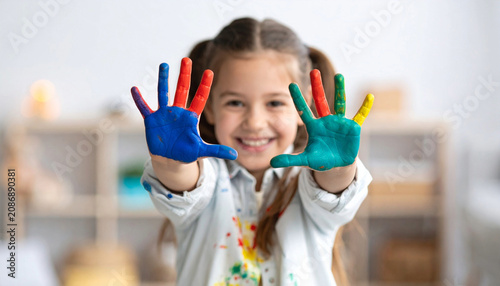 Happy little child showing colorful painted hand at camera, messy fingers covered in vibrant paint, enjoying creative art activity for early childhood