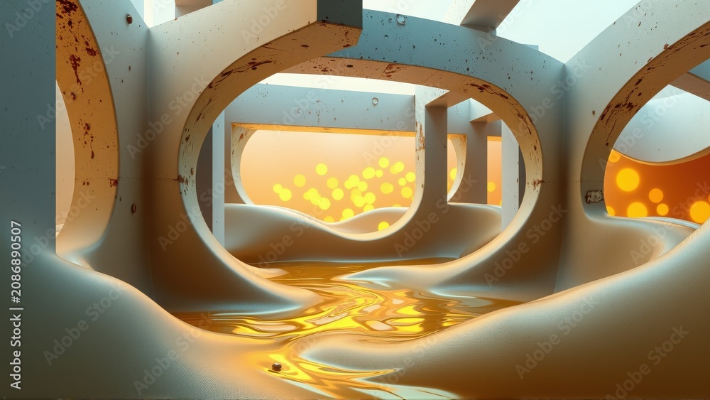 Fototapeta premium Abstract architecture, smooth curves, warm lighting. Reflective surface creates surreal, dreamlike interior space. Minimalist design.