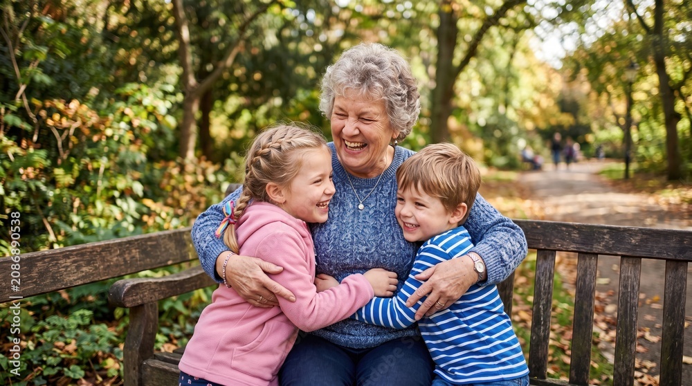 Fototapeta premium A laughing grandmother hugs her two grandchildren on a park bench. This joyful scene depicts family bonding and love in nature. Ideal for family, aging, and lifestyle concepts.