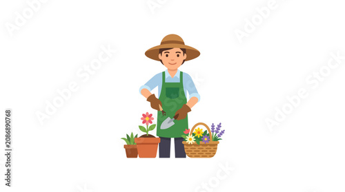 Vector illustration of a male gardener potting flowers.