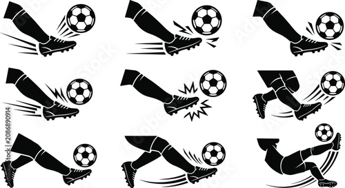 Foto Soccer Player Kicking Ball Silhouette Collection Featuring Dribbling Shooting Pa