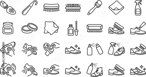 Shoe Care and Cleaning Line Icon Set Featuring Polish Brushes Cloth Spray Wax Repair Tools and Footwear Maintenance Vector Collection