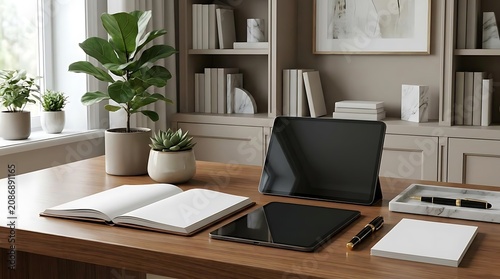 Modern home office desk setup with technology and plants