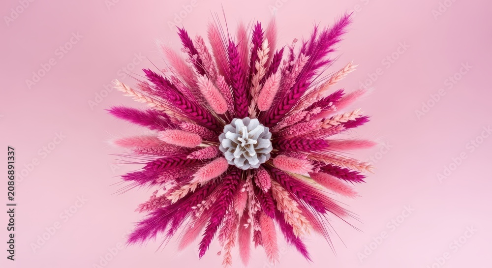 Obraz premium Elegant Symmetrical Composition of Pink Dried Grasses and Wheat with a White Pinecone Centerpiece