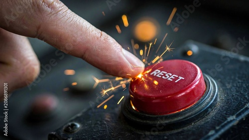 Finger pressing glowing reset button representing system restart recovery and technology reset concept