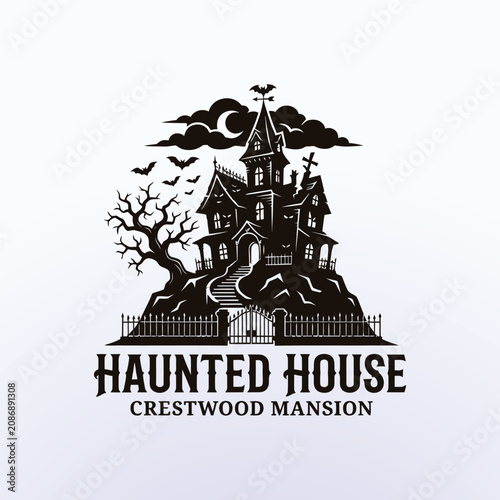 Haunted house crestwood mansion logo design with spooky bats and bare tree silhouette