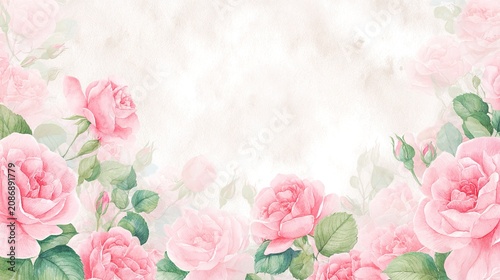 brushstroke. Watercolor floral design showcasing pink roses and buds on a soft artistic background. gardening catalogs, home-decor guides, designed for gardening and botanical catalogs.