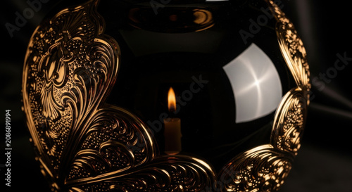 Ornate Vintage Vessel With Candle Flame Reflection Evokes Timeless Elegance