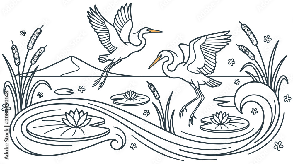 Fototapeta premium Two elegant cranes flying over pond with water flowers.