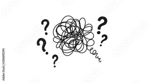 Cuadro en lienzo Hand-drawn messy scribble knot with question marks isolated on transparent background