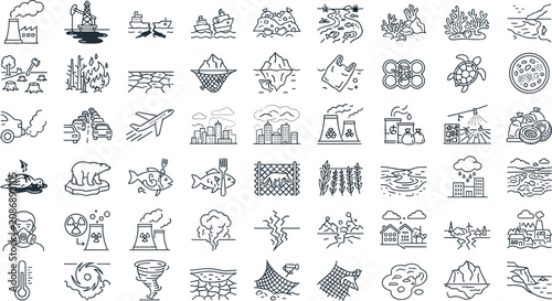 Photos Environmental and Climate Change Icon Collection with Pollution, Deforestation,