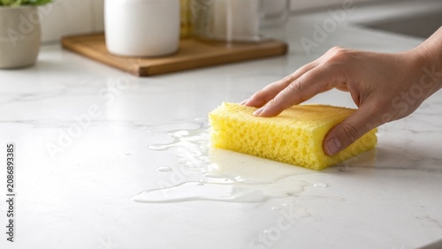 Hand using a yellow sponge to wipe water from a white kitchen countertop near soap and a small plant