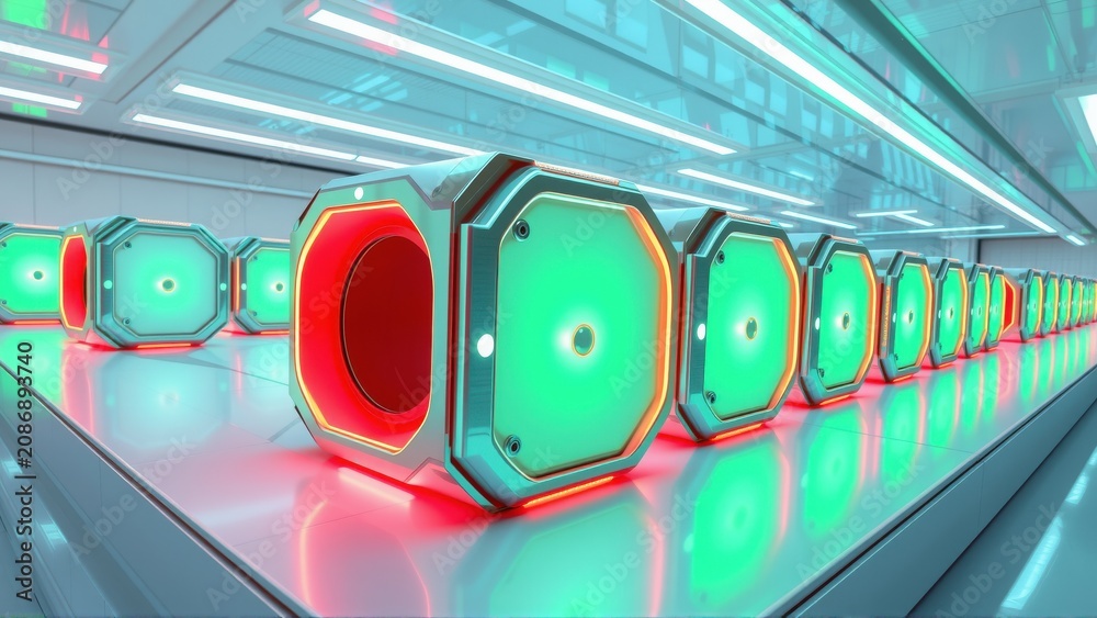 Fototapeta premium Futuristic tunnel features glowing hexagonal structures. Bright teal, red illumination creates dramatic perspective. Clean lines, modern design dominate scene.