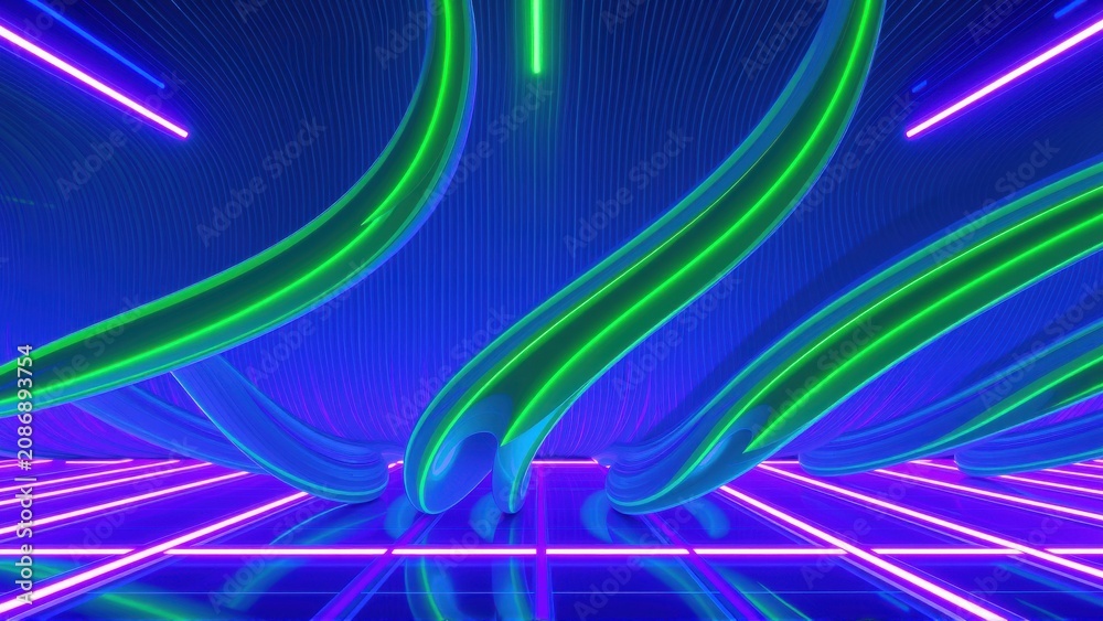 Fototapeta premium Abstract neon lines create futuristic tunnel. Vivid purple, green hues dominate dark background. Striking visual effect.